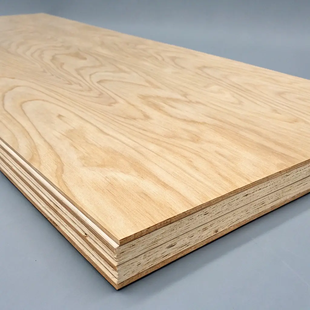 A sheet of high-quality plywood with a smooth, even surface, ready to be used in cabinet construction.