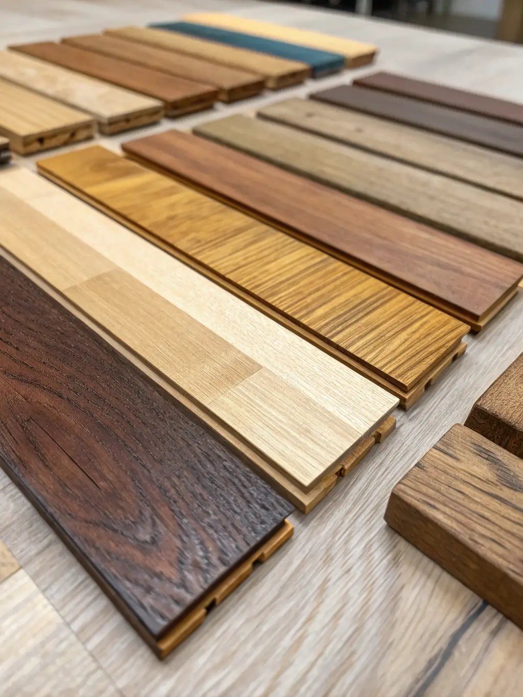 A close-up shot showcasing a variety of wood finishes available for custom cabinets, highlighting the texture and color variations, suitable for illustrating material choices.