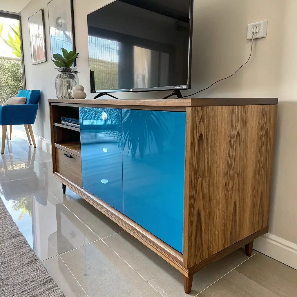 A close-up of a cabinet door with a high-gloss lacquer finish, reflecting light and adding a touch of elegance.