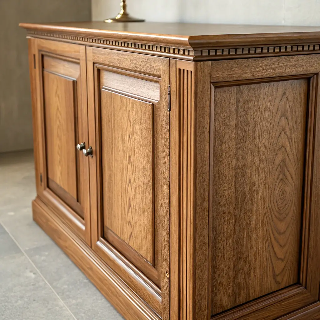 Close-up of a cabinet door made of solid wood with a clear finish, showcasing the natural grain and texture of the wood.
