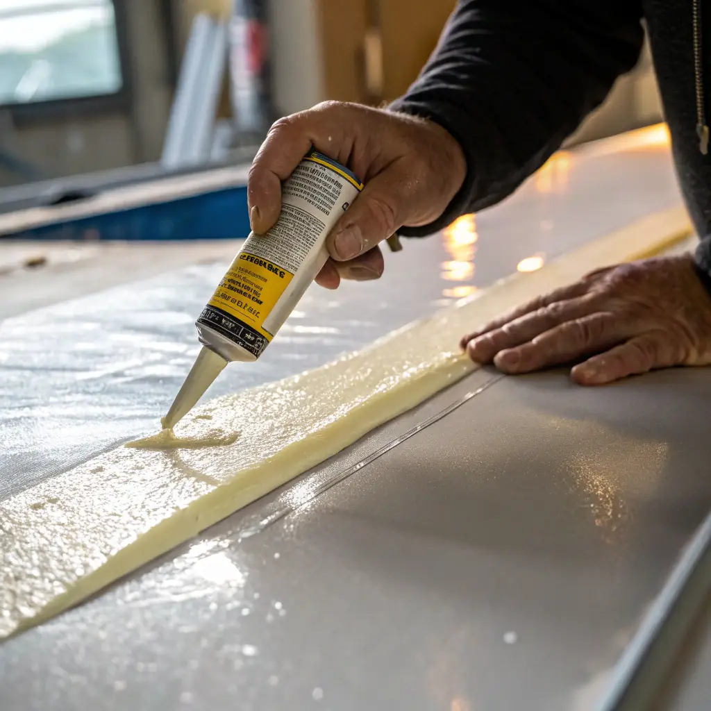 A roll of eco-friendly, water-based adhesive being used to bond cabinet components together.