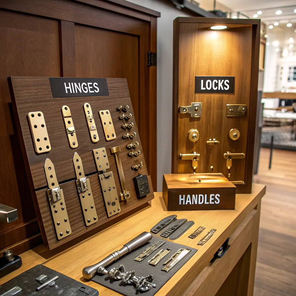 A selection of high-quality metal hardware, including hinges, handles, and drawer pulls, in various finishes.