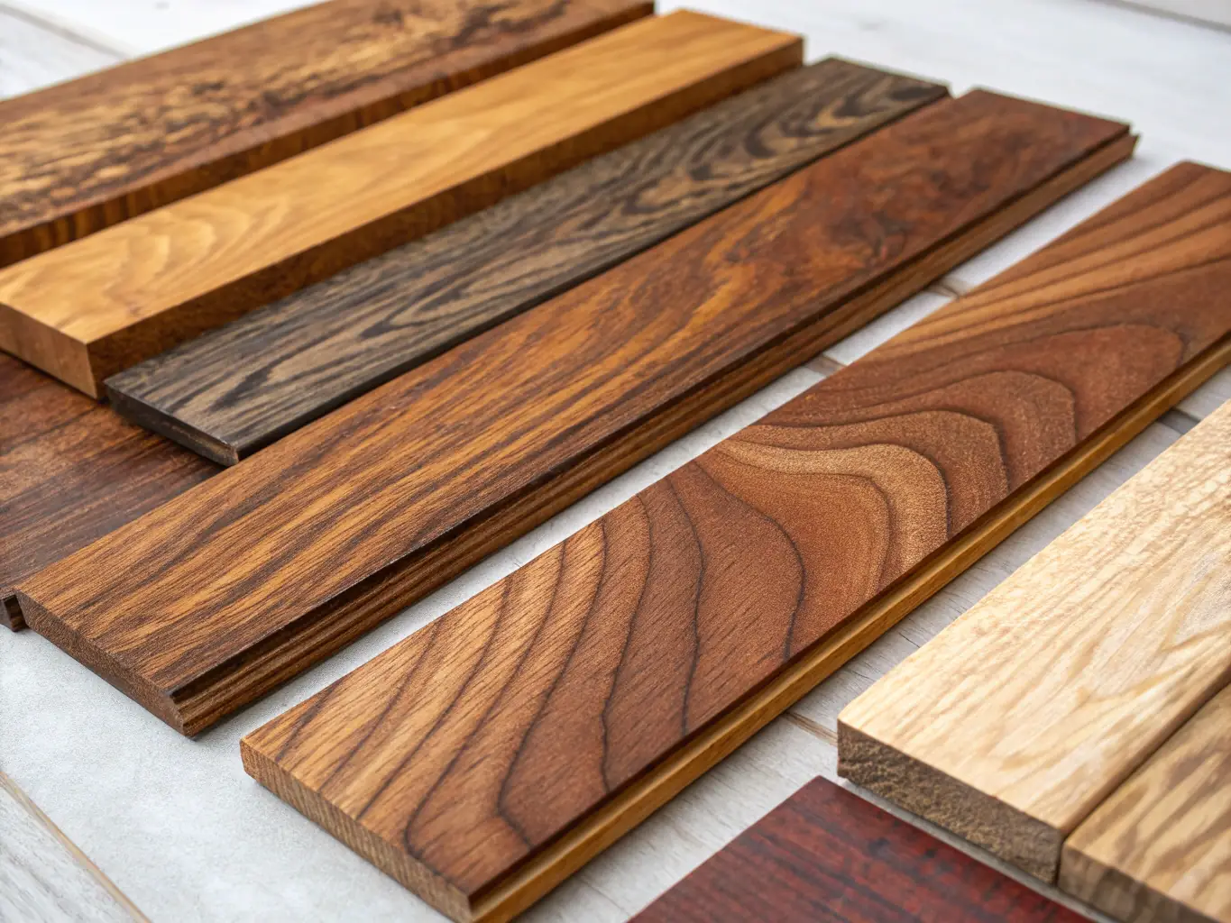 A selection of premium wood samples and finish options are displayed, showcasing the variety of materials available for custom cabinets.