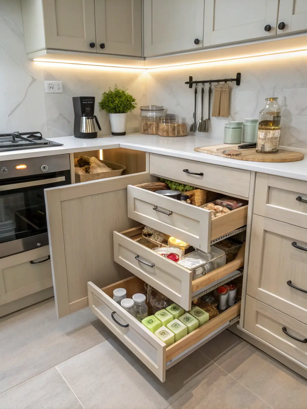 A detailed shot of custom-built cabinet interiors with adjustable shelving and specialized storage solutions, showcasing functional customization.